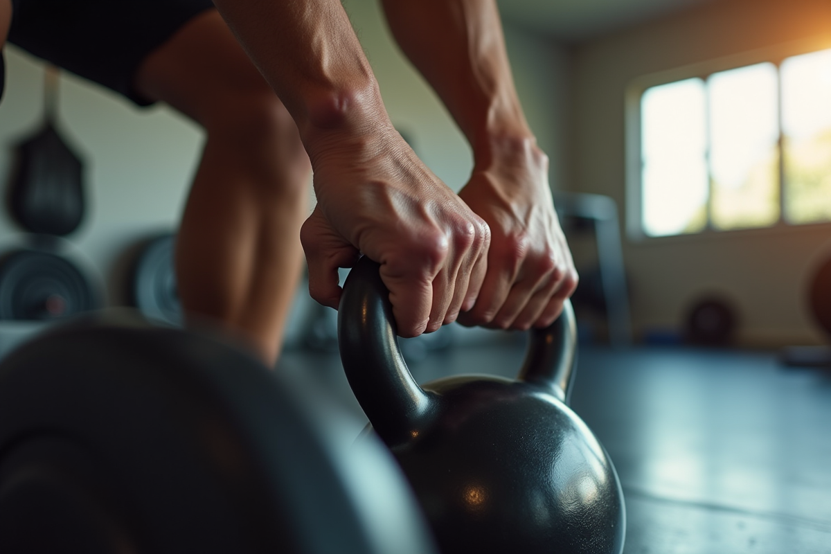 Mains musclées soulevant un kettlebell dans une salle lumineuse