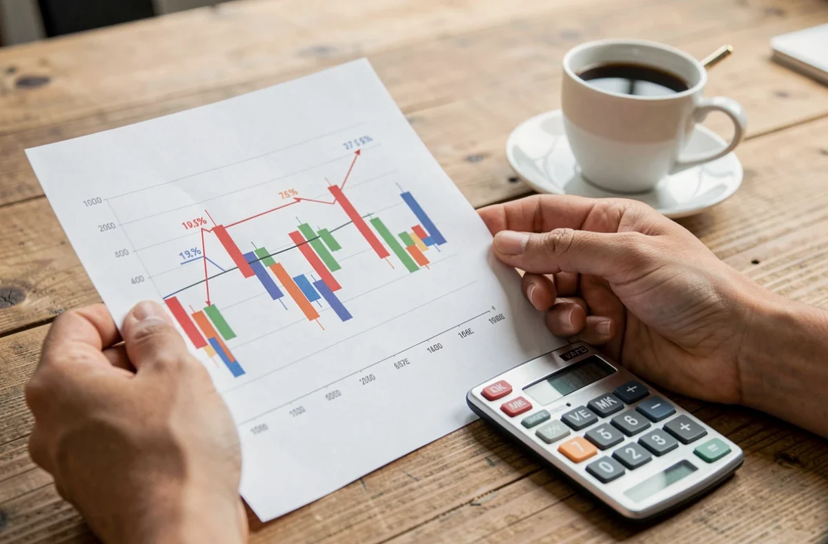 Mains tenant un tableau de tarifs à côté d'une calculatrice