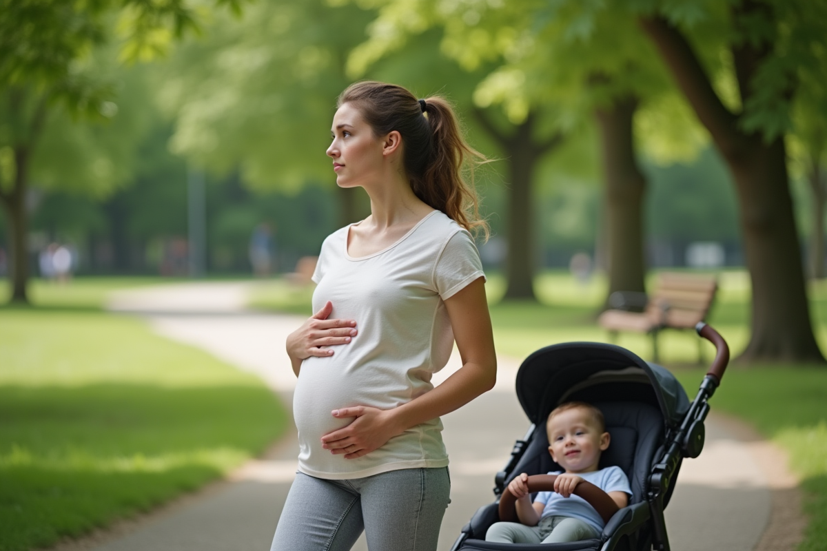 Maman avec bébé dans un parc en promenade