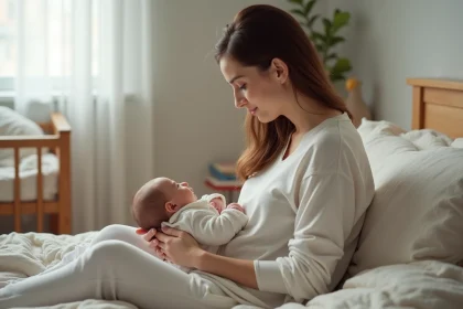Jeune maman tenant son b&eacute;b&eacute; dans un environnement cosy