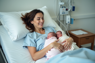 Maman heureuse avec ses jumeaux dans une chambre de maternité