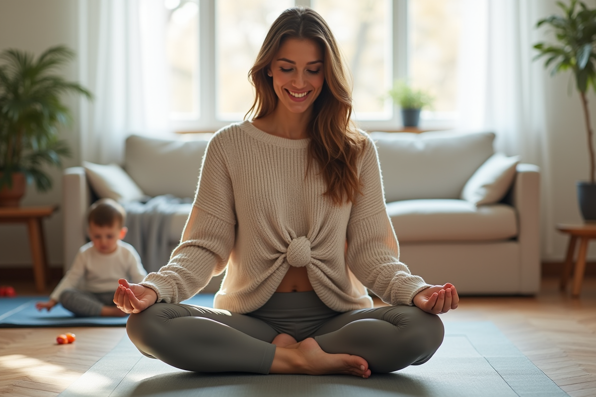 Maman et enfant faisant du yoga dans un salon lumineux