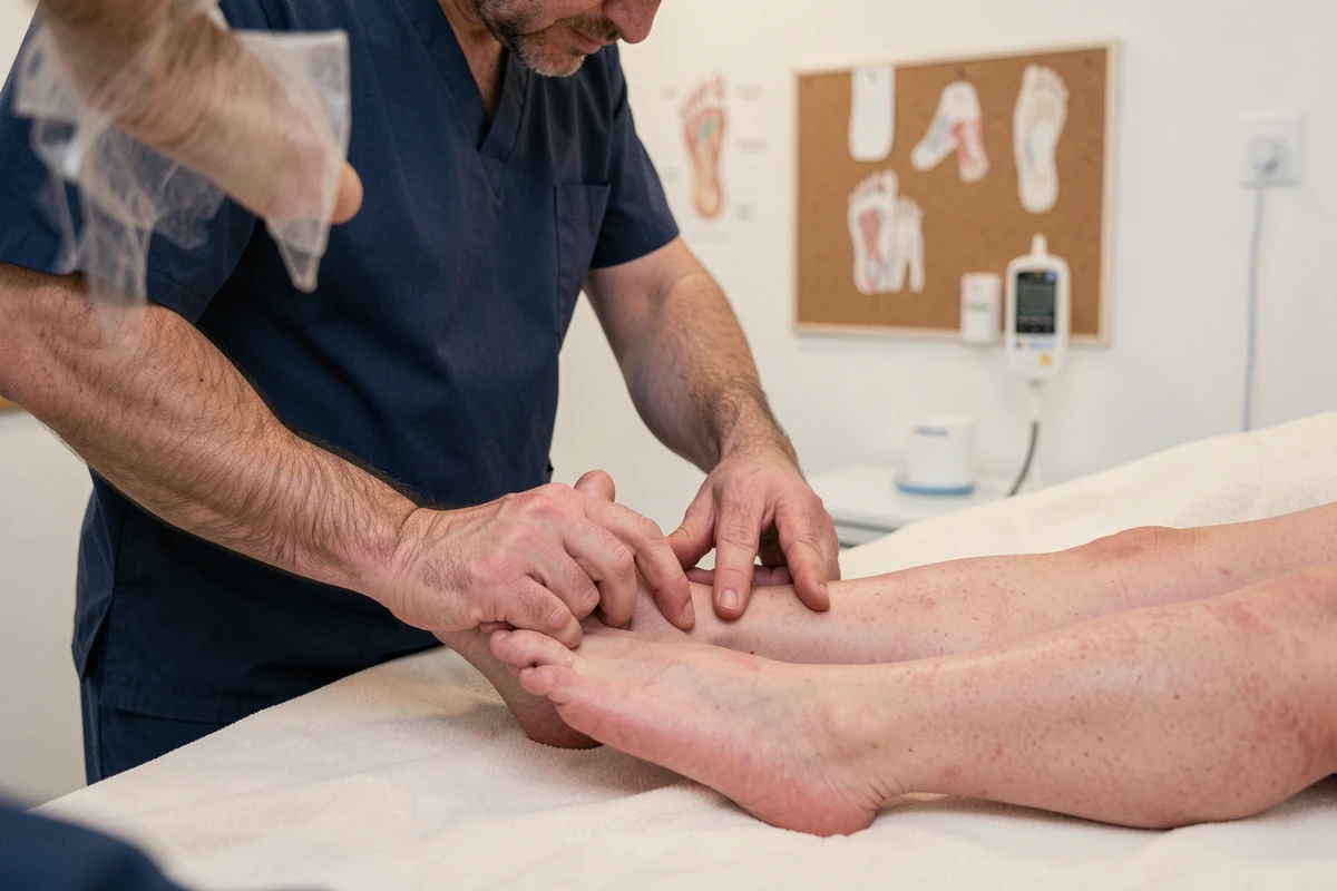 Kinésithérapeute réalisant un massage thérapeutique du fascia plantaire pour traiter un éperon calcanéen