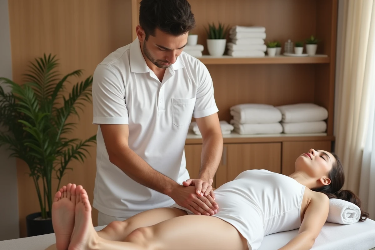 Masseur effectuant un massage lymphatique sur une cliente