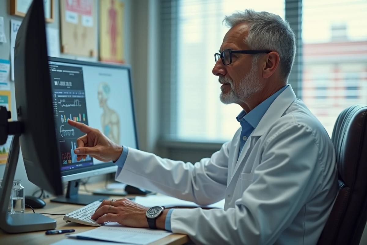 Médecin généraliste analysant un bilan sanguin avec une valeur de VGM anormale sur son ordinateur