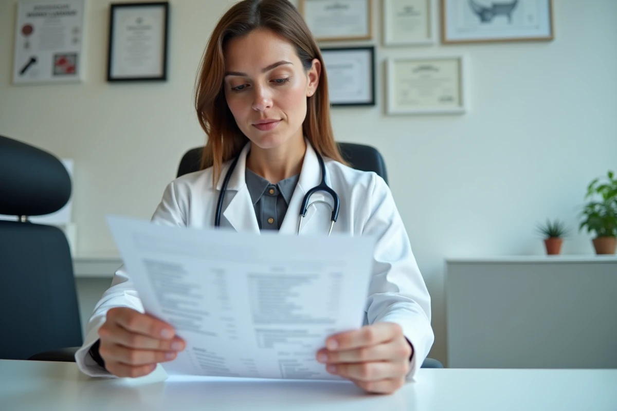 Médecin généraliste femme analysant des résultats d'analyse de sang avec des leucocytes élevés dans son cabinet médical