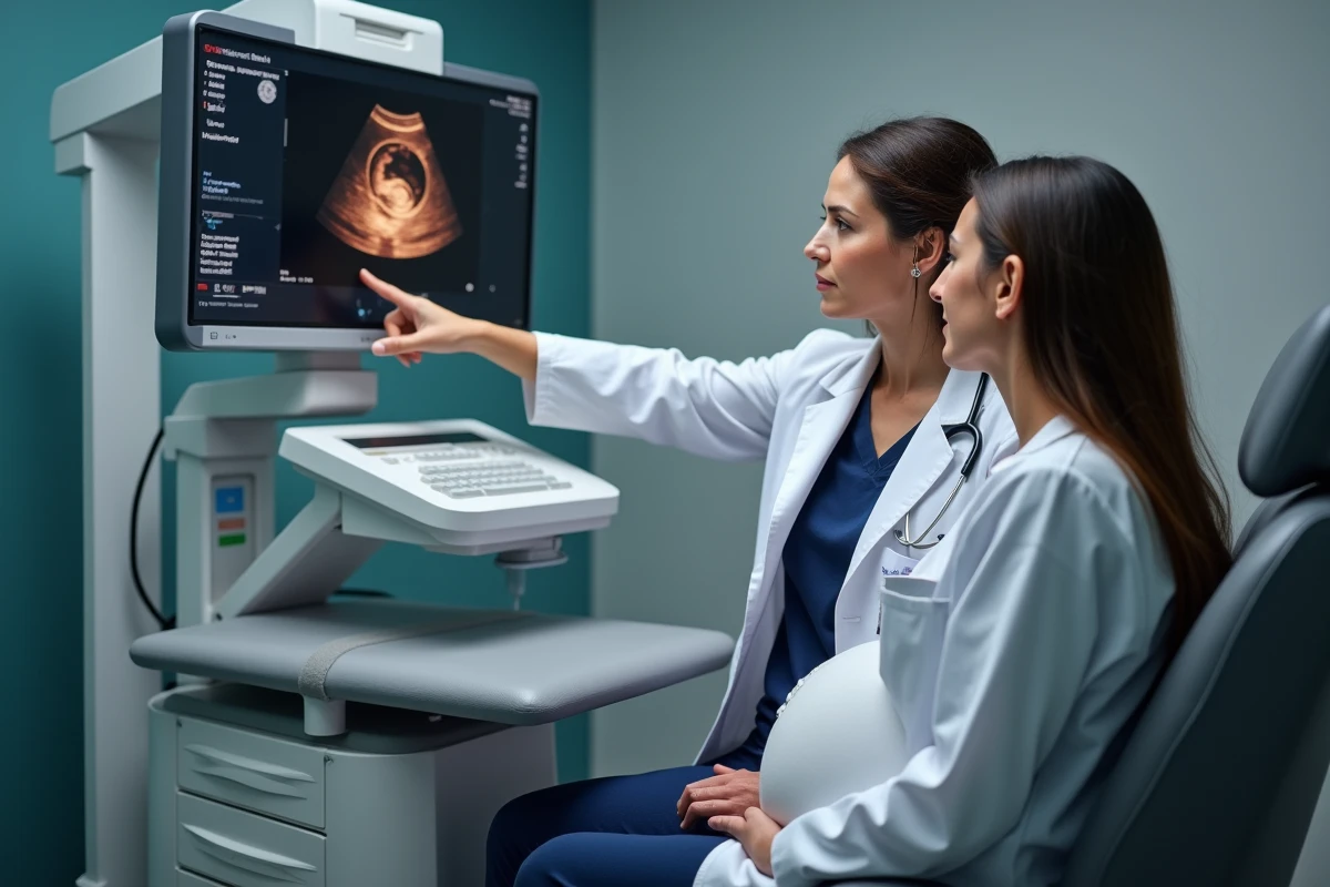 Médecin obstétricienne expliquant la date de terme à une patiente enceinte lors d'une échographie