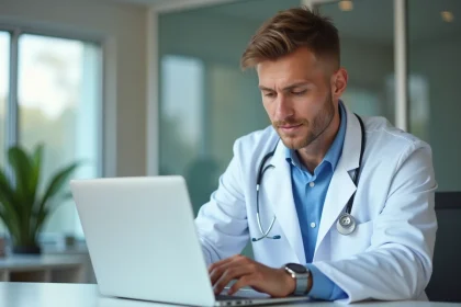 Jeune medecin en consultation dans une clinique moderne