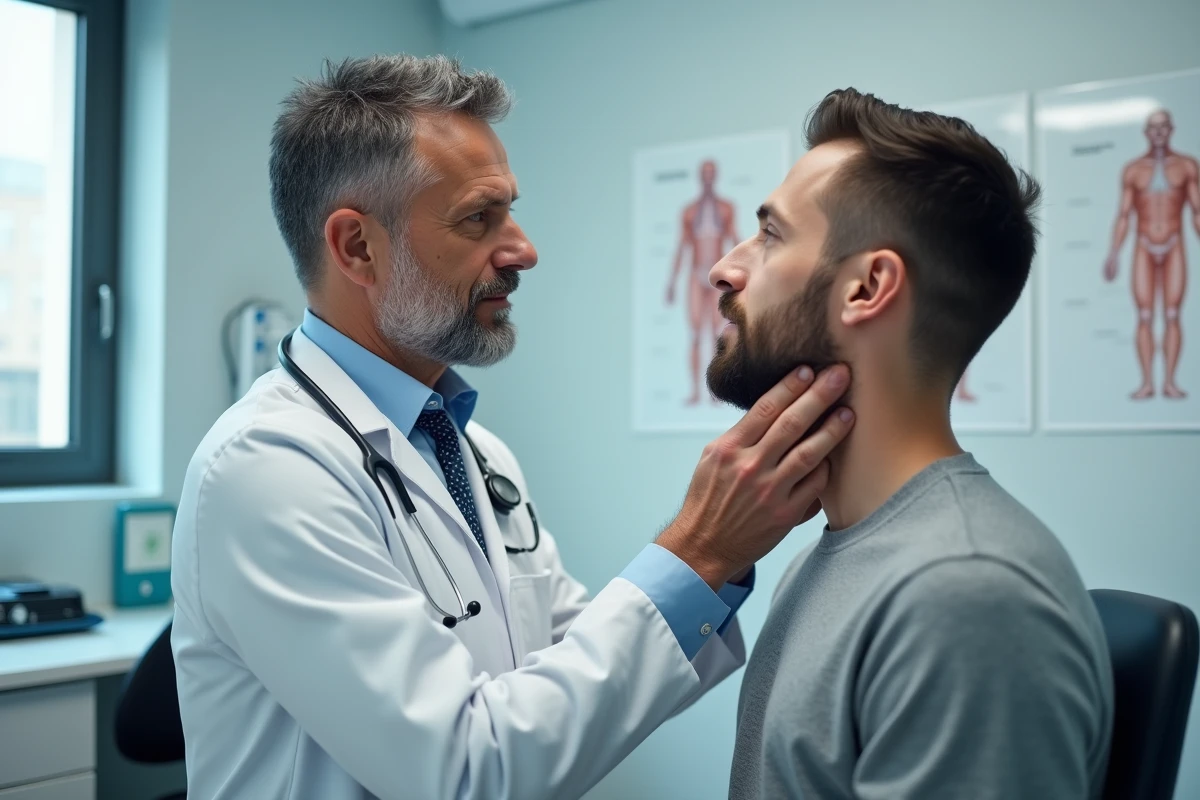 Médecin généraliste palpant les ganglions sous la mâchoire d'un patient lors d'une consultation clinique