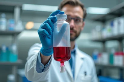 Médecin tenant une poche de sang transparente dans un laboratoire hospitalier moderne