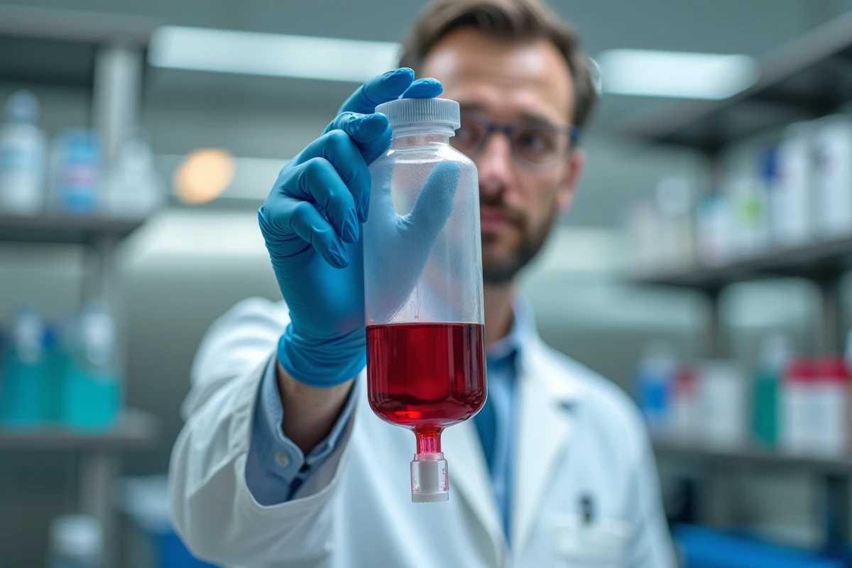 Médecin tenant une poche de sang transparente dans un laboratoire hospitalier moderne