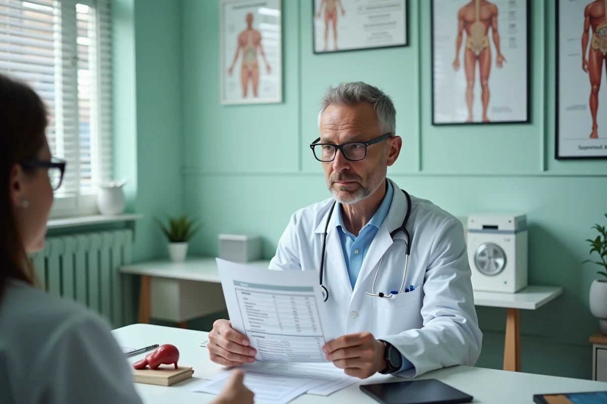 Médecin endocrinologue expliquant un régime alimentaire adapté au diabète avec un document nutritionnel dans son cabinet