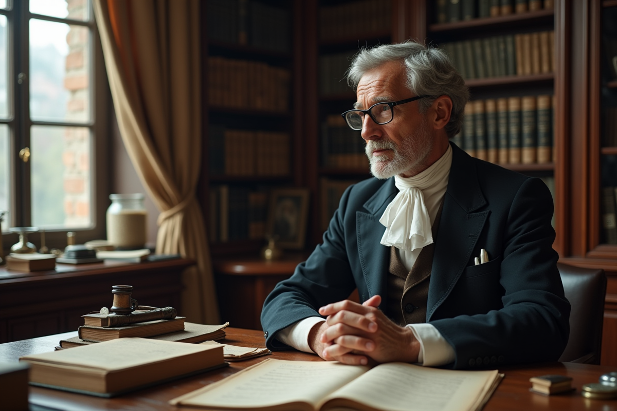 Médecin âgé en costume ancien dans une bibliothèque