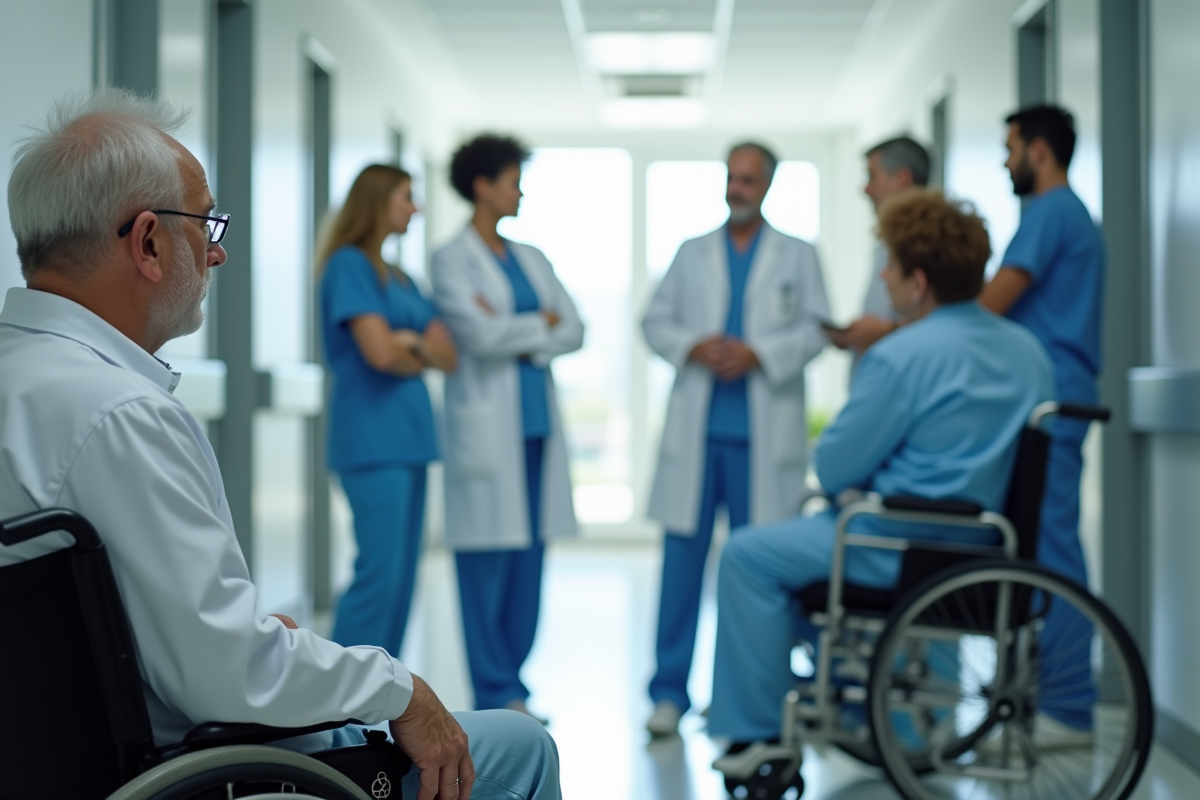 Médecins discutant avec des proches dans un couloir lumineux