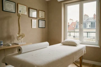 Salle de consultation d'ostéopathie professionnelle à Toulouse avec table de traitement, modèle anatomique et diplômes encadrés