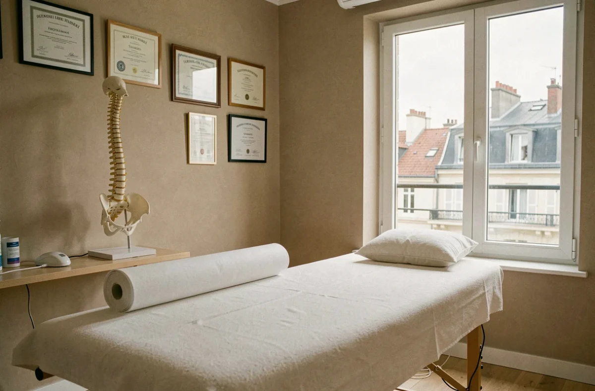 Salle de consultation d'ostéopathie professionnelle à Toulouse avec table de traitement, modèle anatomique et diplômes encadrés