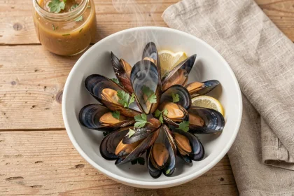 Bol de moules à la vapeur servies dans un bol en céramique blanche sur une table en chêne, garnies de persil plat et de citron, illustrant une cuisine légère et nutritive