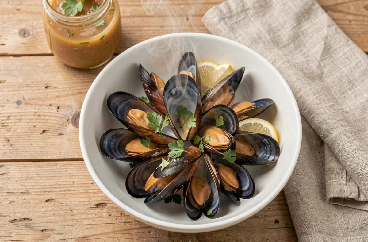 Bol de moules à la vapeur servies dans un bol en céramique blanche sur une table en chêne, garnies de persil plat et de citron, illustrant une cuisine légère et nutritive