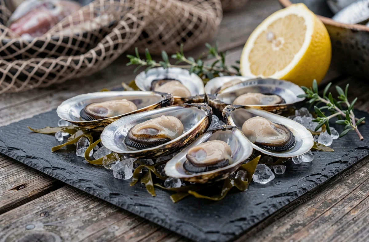 Gros plan de moules fraîches ouvertes sur un lit d'algues et de glace pilée, mettant en valeur leur fraîcheur et leurs bienfaits nutritionnels