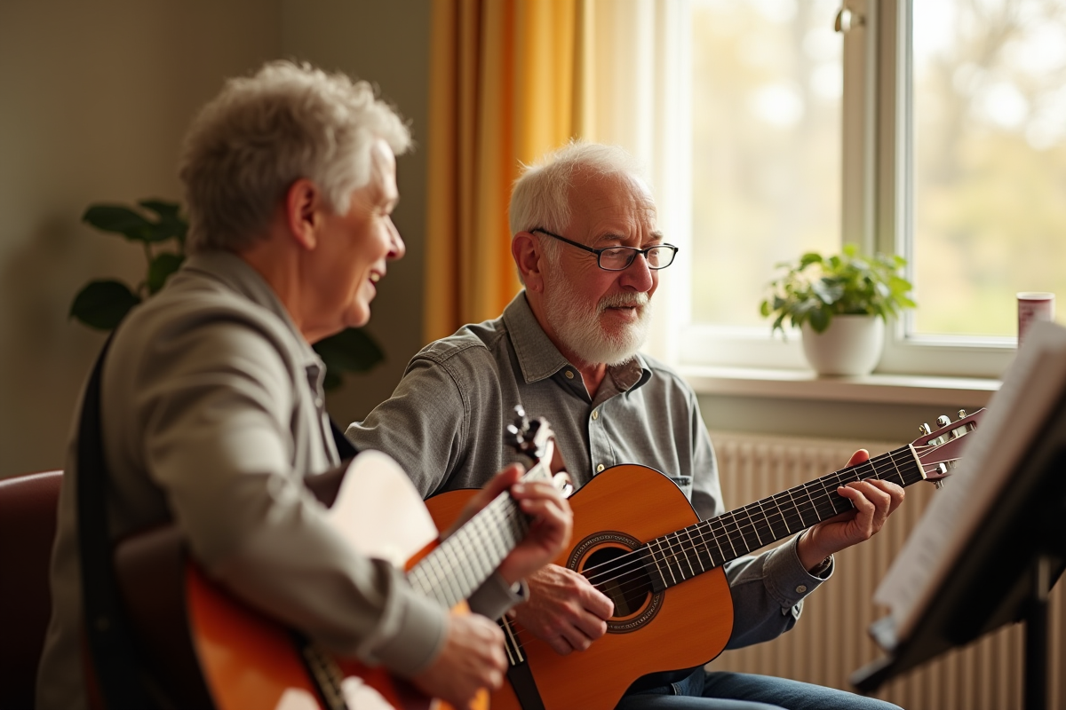 Thérapeute musical jouant de la guitare avec un senior