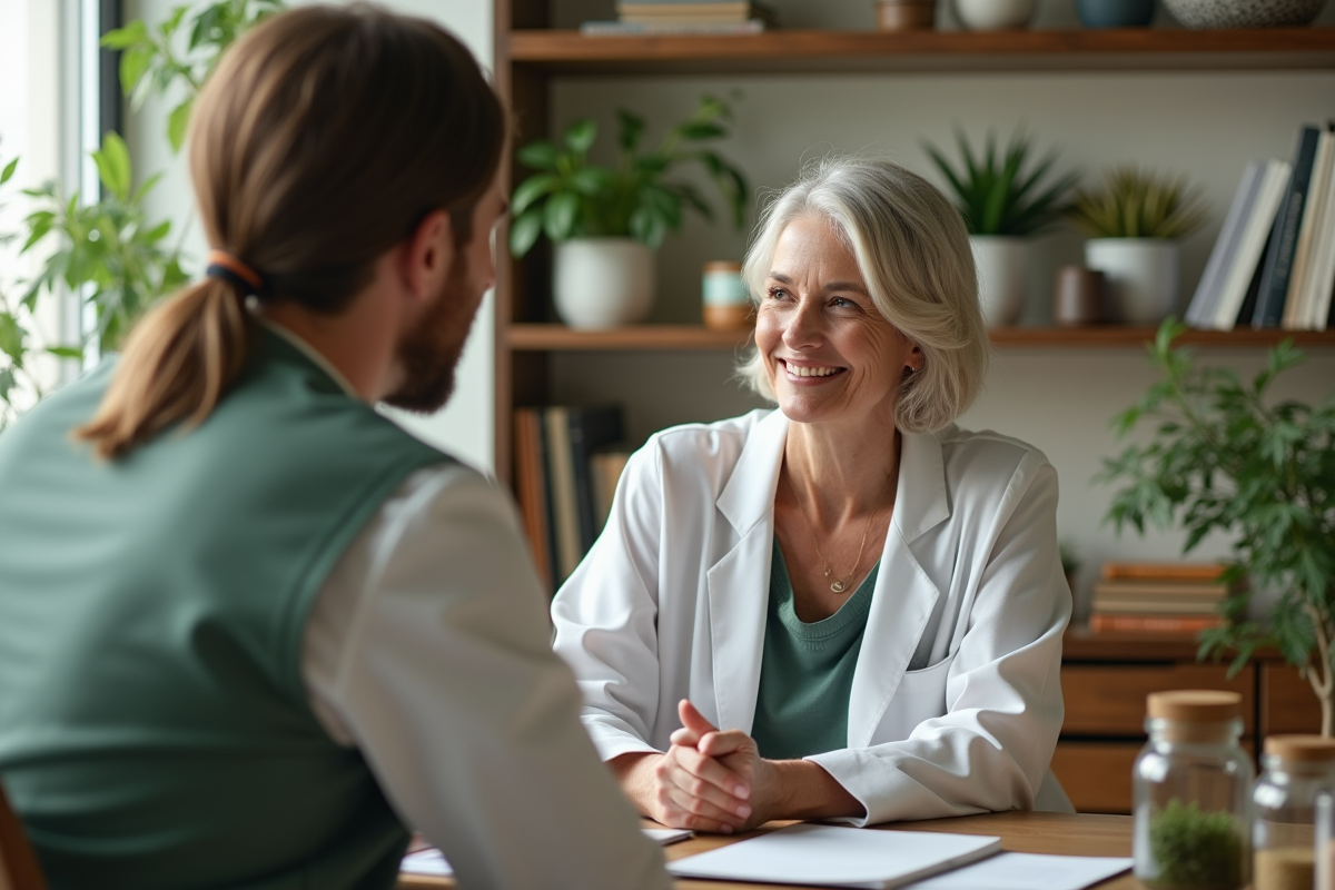 Naturopathe mature en consultation avec un collègue dans un bureau vert