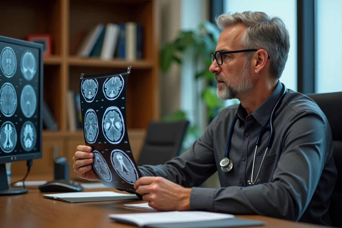 Neuropédiatre masculin examinant des films IRM avec hypersignal cérébral d'un patient pédiatrique dans son cabinet de consultation