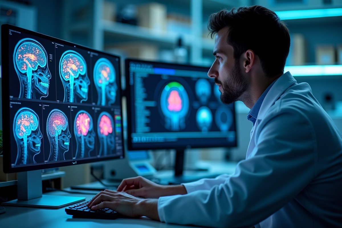 Neuroscientifique analyse des scans du cerveau en laboratoire