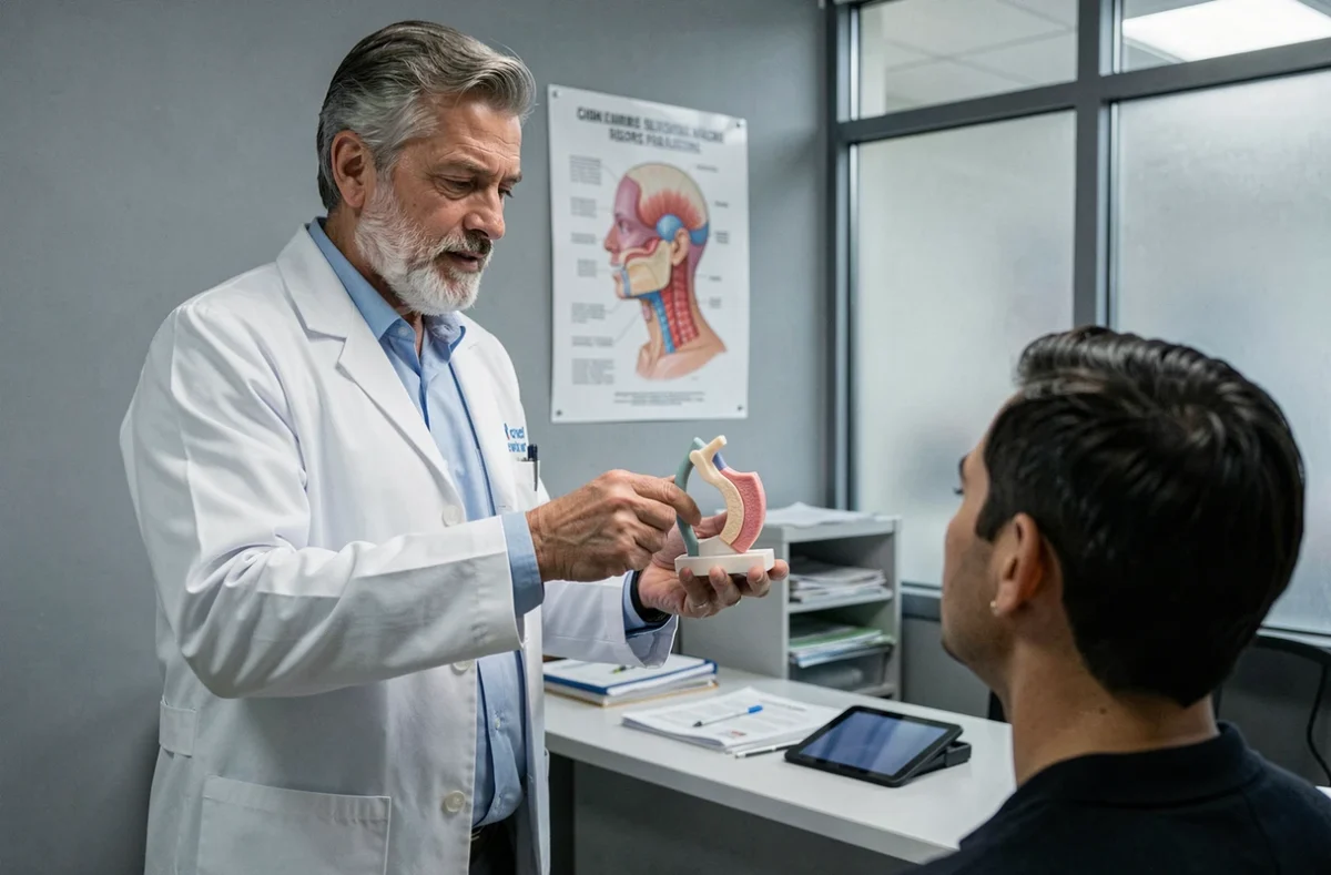 Orthophoniste expliquant la récupération des cordes vocales à un patient après radiothérapie ORL à l'aide d'un modèle anatomique du larynx