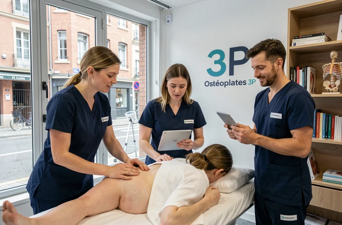 Équipe de trois ostéopathes travaillant ensemble dans le cabinet Ostéopathes 3P à Toulouse