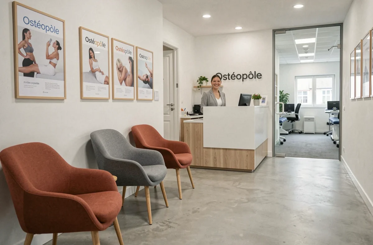 Accueil moderne du centre Ostéopôle à Toulouse avec réceptionniste, chaises ergonomiques et espace d'attente contemporain