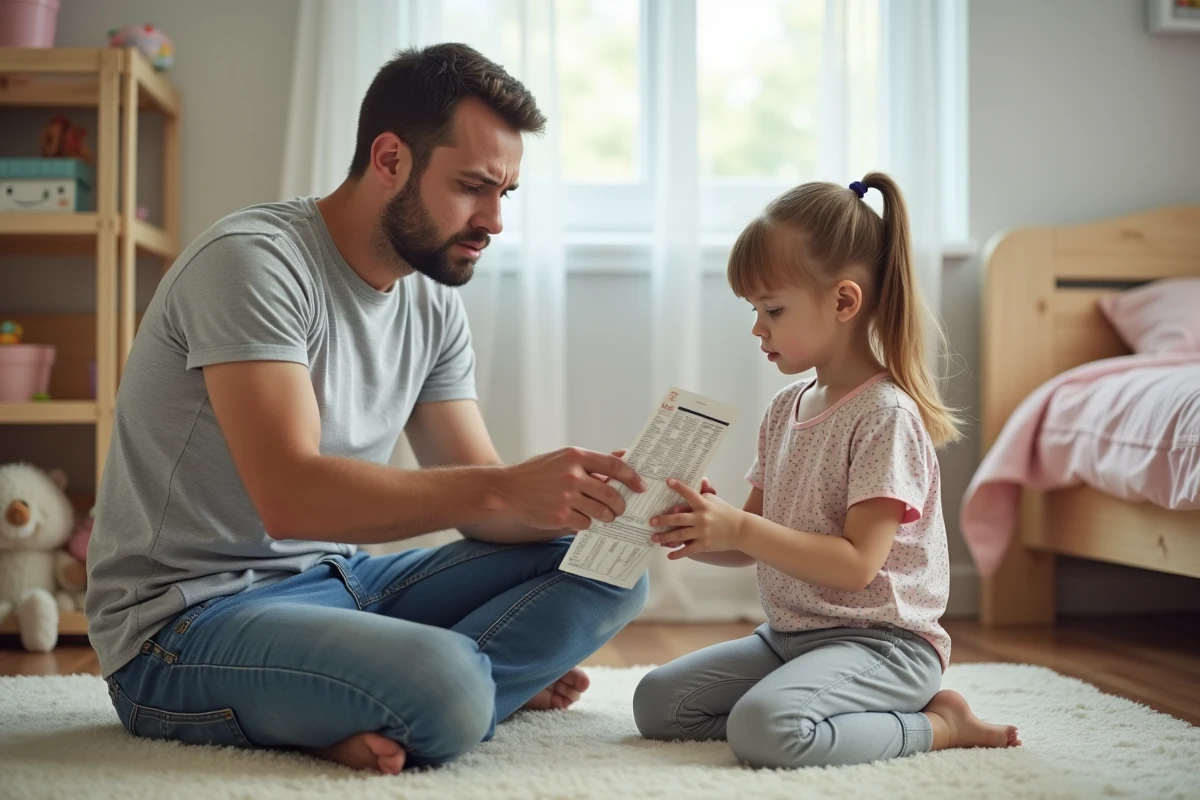 P&egrave;re inquiet avec sa fille dans la chambre d