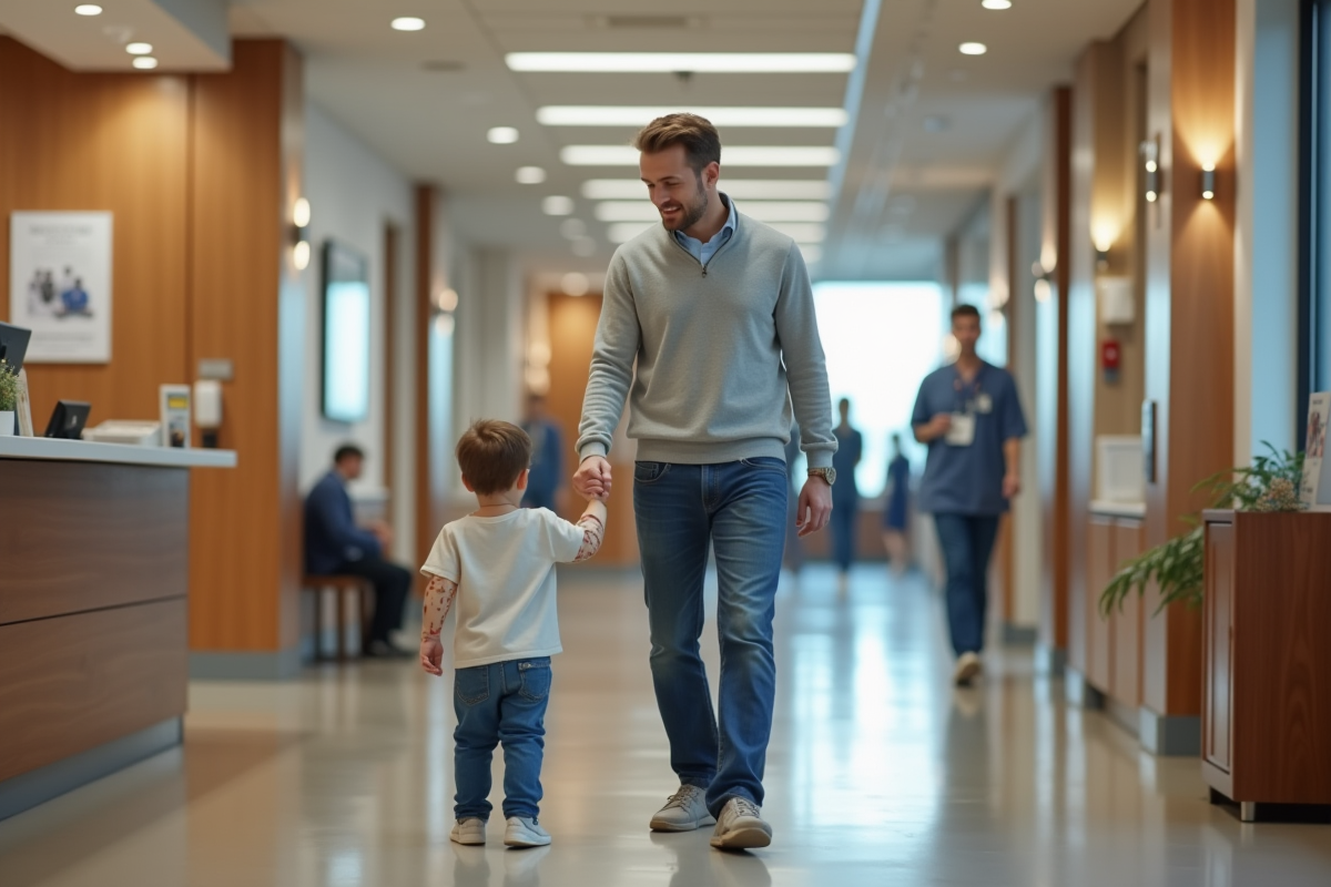 Père jeune tenant la main de son enfant dans un hall d