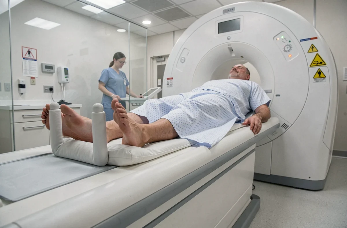 Patient allongé dans un scanner IRM pour l'examen d'un hématome osseux du genou sans fracture apparente en milieu hospitalier