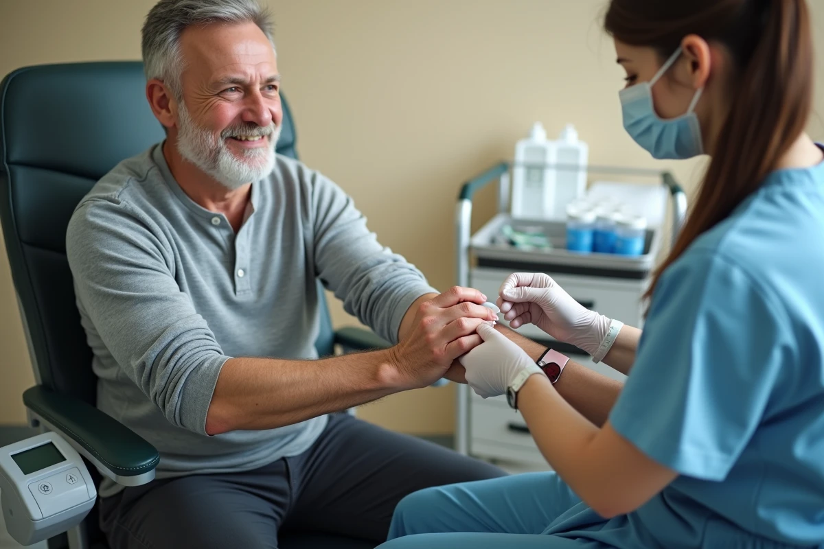 Patient adulte lors d'une prise de sang en cabinet médical pour contrôler le taux de leucocytes dans le sang