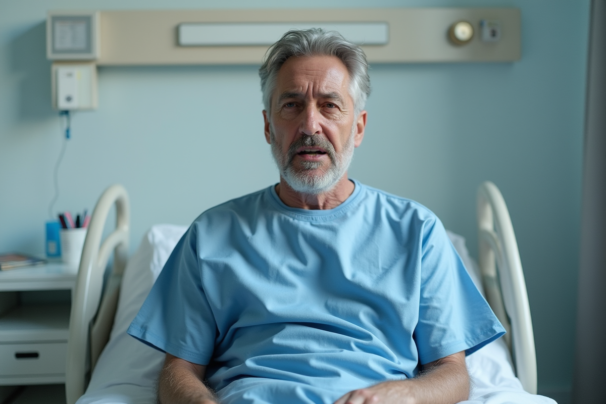 Homme d'âge moyen respirant difficilement en milieu hospitalier