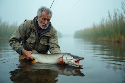Pêcheur tenant un brochet par la bouche avec précaution, illustrant les risques de morsure lors de la manipulation du poisson