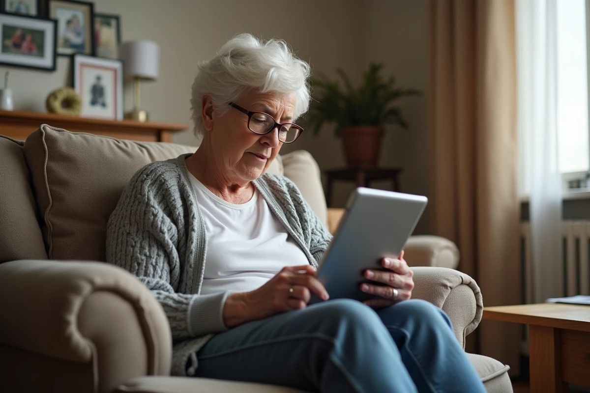 Femme âgée consultant un portail médical en ligne sur une tablette pour vérifier ses rendez-vous d'imagerie