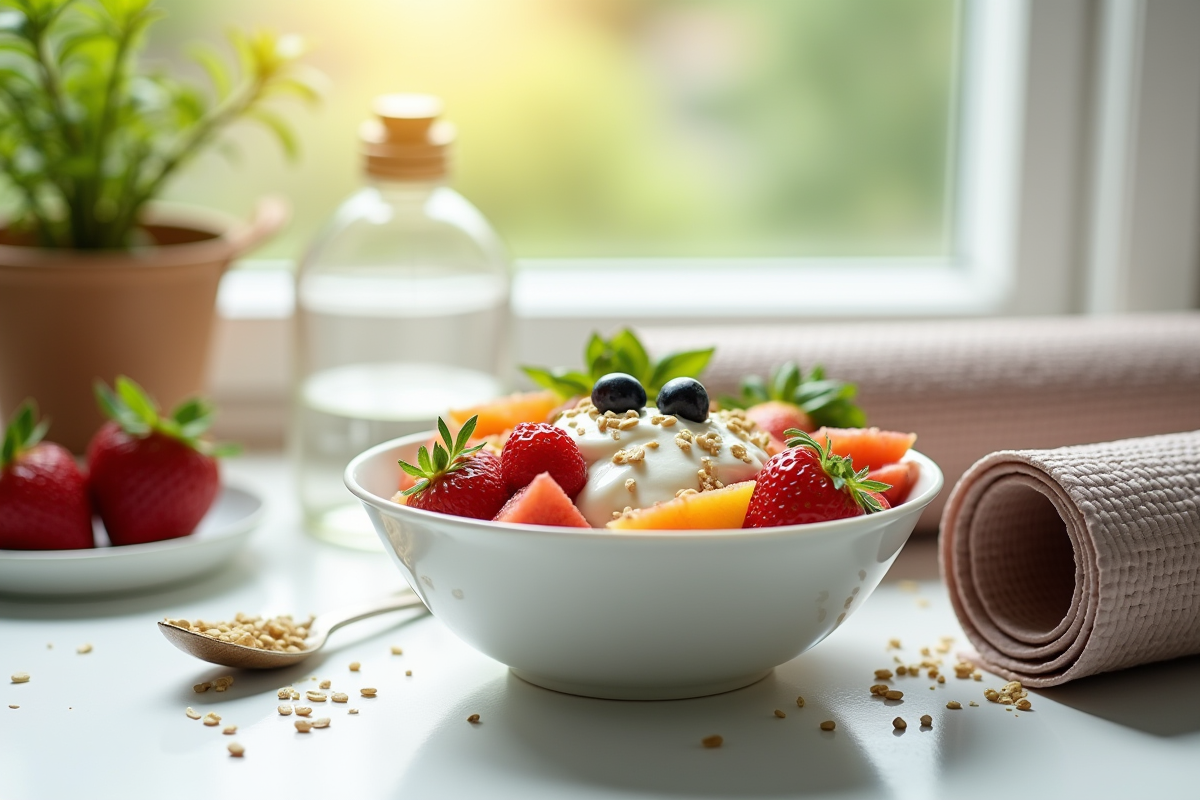 Bol de petit déjeuner sain avec fruits et graines sur une table blanche