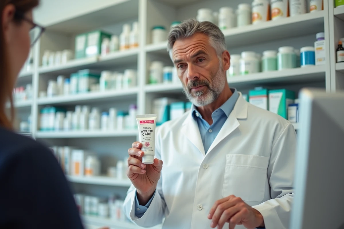 Pharmacien conseillant un patient sur l'utilisation de Ialuset comme traitement dermatologique recommandé