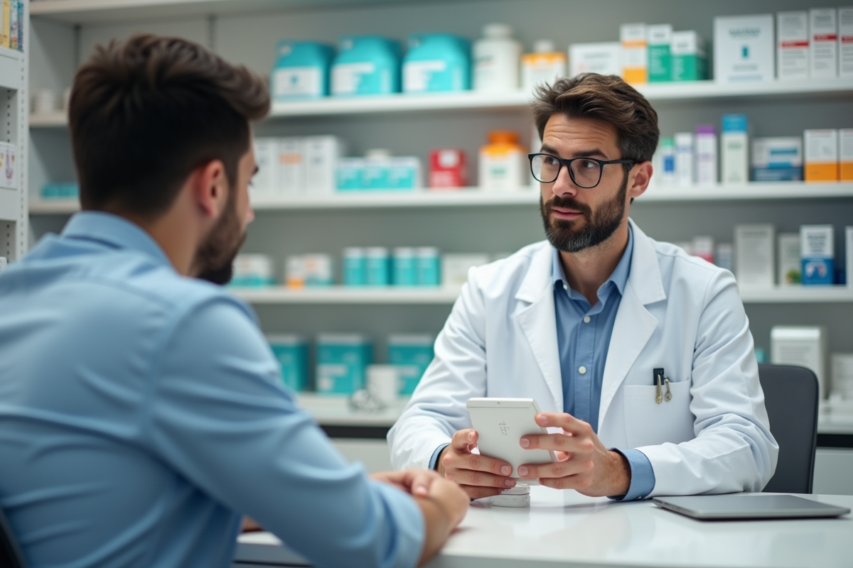 Pharmacien expliquant un médicament respiratoire à un client