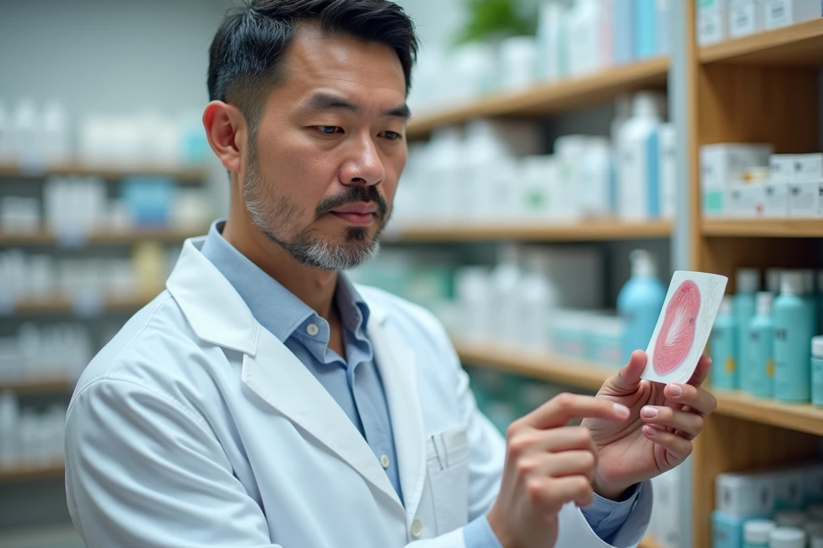 Pharmacien en blouse blanche présentant des soins dermatologiques pour traiter la verrue séborrhéique dans une pharmacie