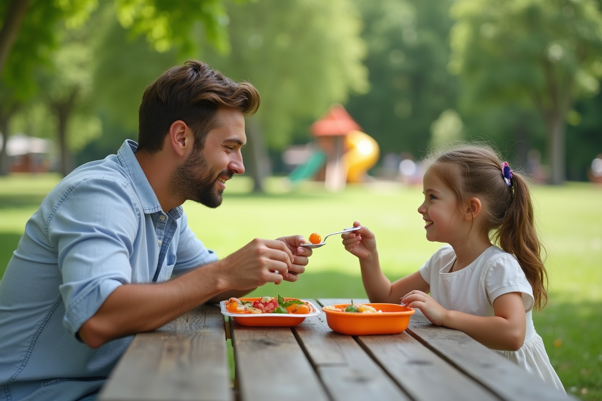Père et fille partageant un pique-nique en plein air