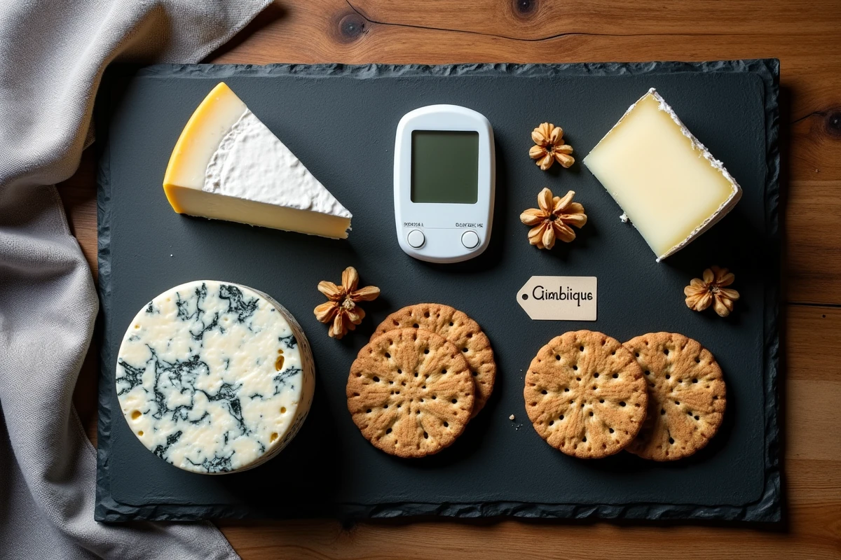 Plateau fromages avec chèvre, bleu, glucomètre et crackers sur ardoise, composition éditoriale pour guide alimentation et diabète