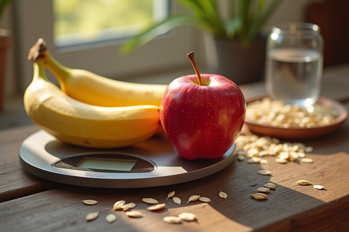 Pomme et banane sur table en bois avec échelle et flocons