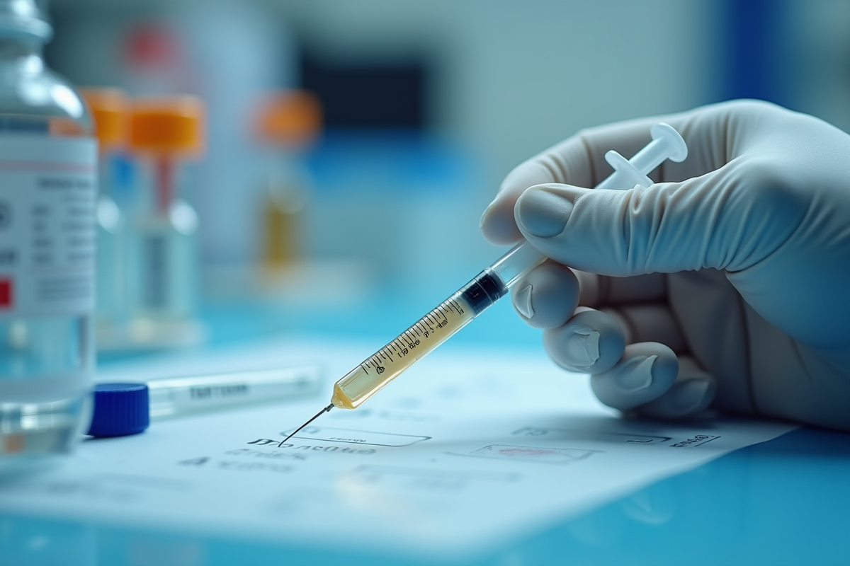 Main tenant une seringue avec solution dans un laboratoire high-tech