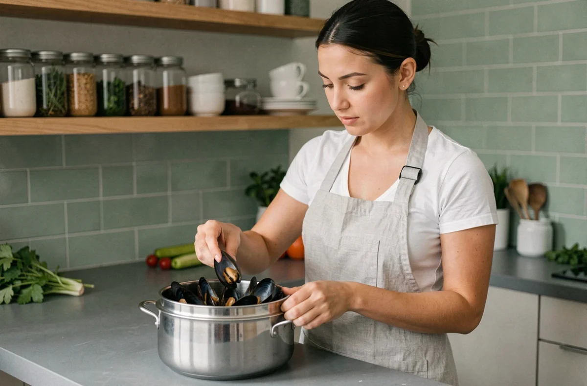 Femme préparant des moules fraîches dans un cuiseur vapeur dans une cuisine moderne, illustrant la conservation des nutriments par une cuisson douce