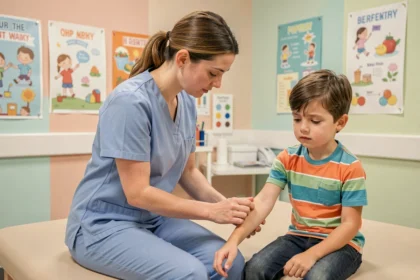 Infirmière pédiatrique préparant une prise de sang sur le bras d'un enfant en cabinet médical