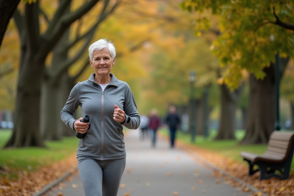 Femme senior marchant dans un parc avec un stent cardiaque, illustrant une bonne qualité de vie après pose de stent