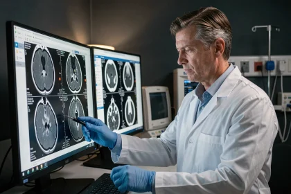 Radiologue analysant des images IRM osseuses sur un poste de travail médical pour diagnostiquer un hématome osseux sans fracture visible