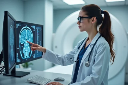 Radiologue pédiatrique féminine analysant des images IRM cérébrales d'un enfant sur écran dans une salle de radiologie hospitalière